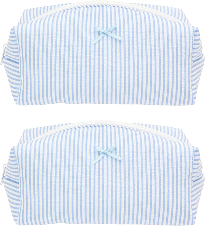 PAZIMIIK 2PCS Cozy Makeup Bag Travel Cosmetic Bag for Women Soft Toiletry Bag Aesthetic Makeup Organizer Portable Large Zipper Pouch for Skincare Beauty Accessories Brushes Stripe Blue