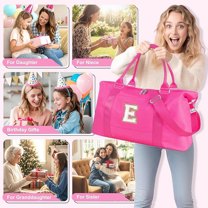 Dance Gym Duffel Bag for Teen Girls, Personalized Initial Travel Weekender Bag,Cute Overnight Carry On Duffle for Women,Sports Travel Cheer Bag,Monogram Christmas Gifts for Tween Preppy(rosered-E)