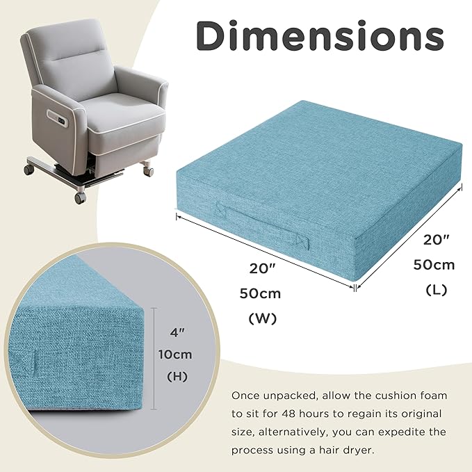 AddGrace Recliner Cushions for Elderly Thick Seat Cushion 20"x20"x4" Chair Pads with Non Slip Backing and Washable Cover for Couch Armchair Chairs Light Blue