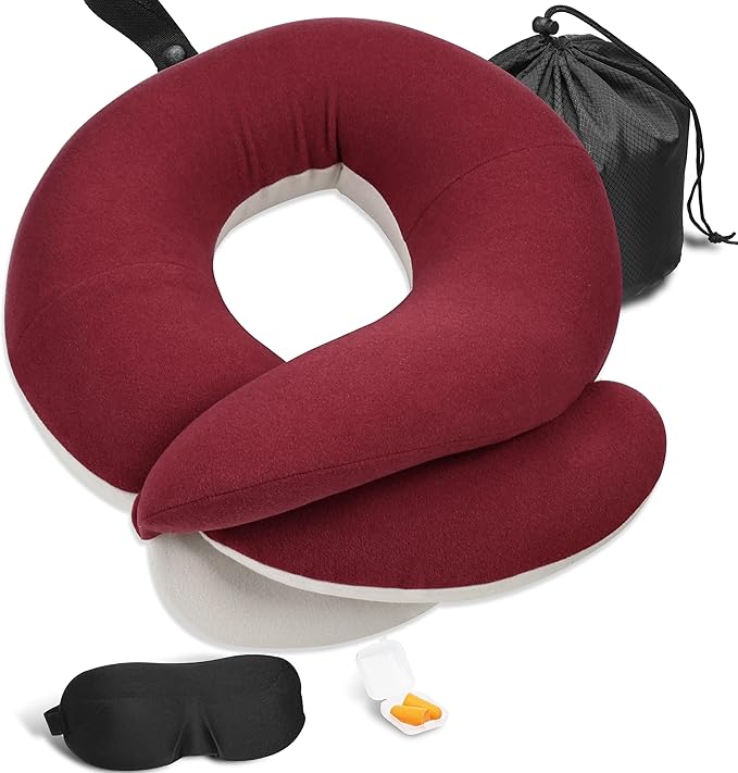 BUYUE Travel Neck Pillows for Airplanes, 360° Head Support Sleep for Long Flight, Skin-Friendly & Breathable, Kit with 3D Contoured Eye Mask, Earplugs and Storage Bag (Adult, Red, 90+ lbs)