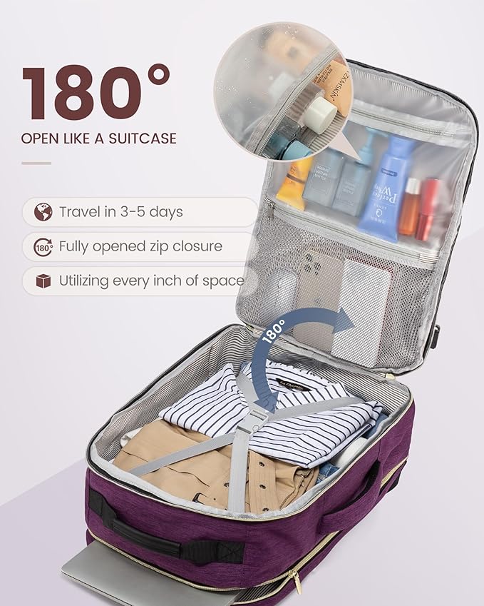 LOVEVOOK Travel Backpack for Women & Men 50L,Airline Approved Carry On Backpack Travel Essential,TSA Carry on Luggage,Waterproof Personal Item Travel Bag,Suitcase with 3 Packing Cube,Dark purple-Black