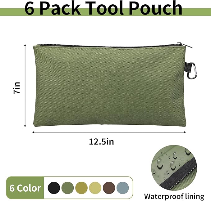 COIDEA Tool Bag Zipper Pouch, Premium Tool Pouch, Utility Multipurpose Storage Organizer Tool Pouches with Carabiner Metal Zipper for Tools (6 Pack, Tan, Navy Green, Black, Light Brown, Grey, Mocha)