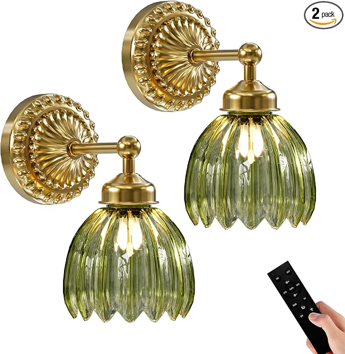 Battery Operated Wall Sconce, Vintage Wall Light, 2 Pack, Green Tulip Glass | Gold Metal Base, 5200mAh Rechargeable, Dimmable LED, Remote Control, Cordless, Bedside, Bedroom, Doorway, Living Room