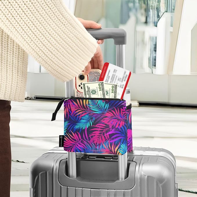 DOMIKING Tropical Palm Leaf Travel Luggage Cup Holder for Suitcase Free Hands Drink Carrier with Storage Pockets for Beverages Bottles