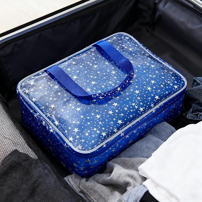 Dark Blue Clear Star Large Cosmetic Bag and Travel Pouch with Handle,Durable Material,Zipper Design-Ideal for Makeup,Travel Essentials (Dark Blue)