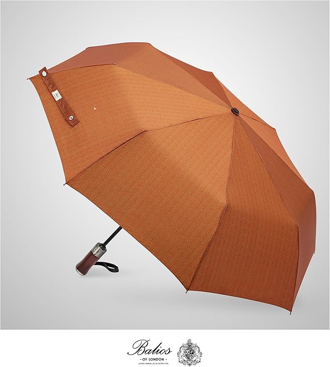 Balios (Designed in UK) Travel Umbrella Luxurious Golden Hardwood Handle Auto Open & Close Windproof Frame Single Canopy Automatic Folding Umbrella Men's & Ladies