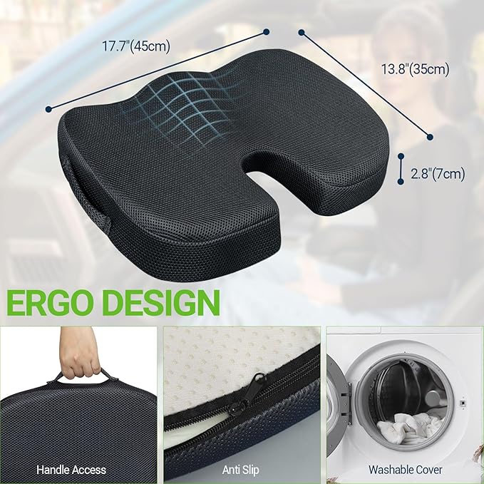 Season Guard Tailbone Pain Relief Office Chair Seat Cushion, Memory Foam Gel Seat Cushion for Sciatica Pain Relief with Washable Cover, Butt Cushion for Long Sitting, Mesh, Black