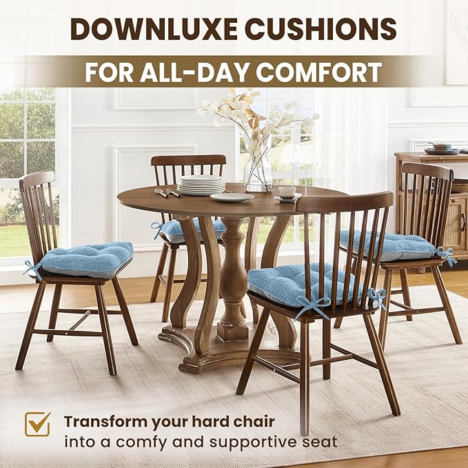 downluxe Indoor Chair Cushions for Dining Chairs, Tufted Overstuffed Textured Kitchen Chair Pads with Ties and Non-Slip Backing, 16.5" x 16.5" x 4", Light Blue, 4 Pack