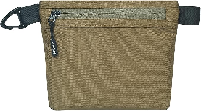 YUMQUA Water-Resistant Zipper Pouch with Carabiner Clip, Small Nylon Multipurpose Travel Digital Cosmetics Toiletry Bag Tool Storage Pouch, Khaki