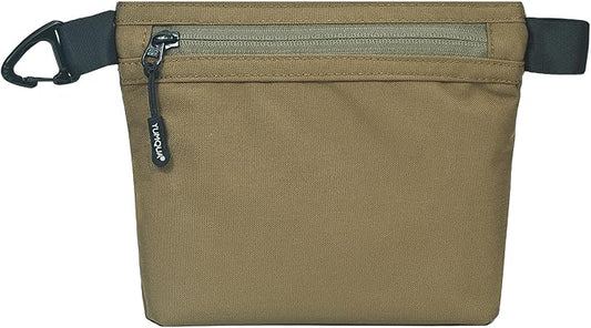 YUMQUA Water-Resistant Zipper Pouch with Carabiner Clip, Small Nylon Multipurpose Travel Digital Cosmetics Toiletry Bag Tool Storage Pouch, Khaki