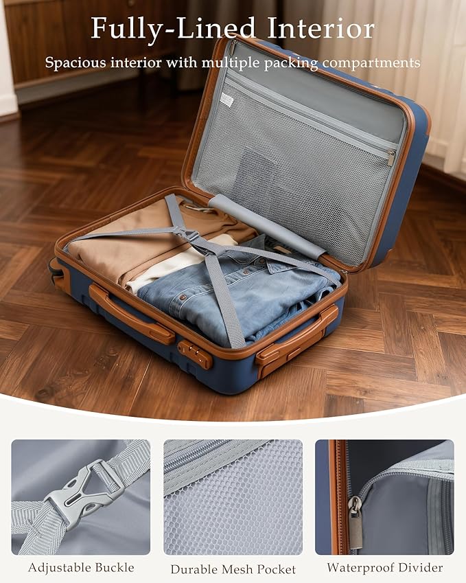 LONG VACATION Luggage Sets 5 Piece, Suitcases With Wheels, PC+ABS Hardshell Luggage Set with Spinner Wheels, TSA Lock (Navy Brown)