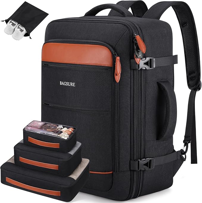 Bagsure Travel Backpack Carry On Backpack 42L Flight Approved, Expandable Laptop Backpack with Packing Cubes & Shoe Pocket, Water Resistant Luggage Backpack for Men Women, Large Backpack 20 * 14 * 7"