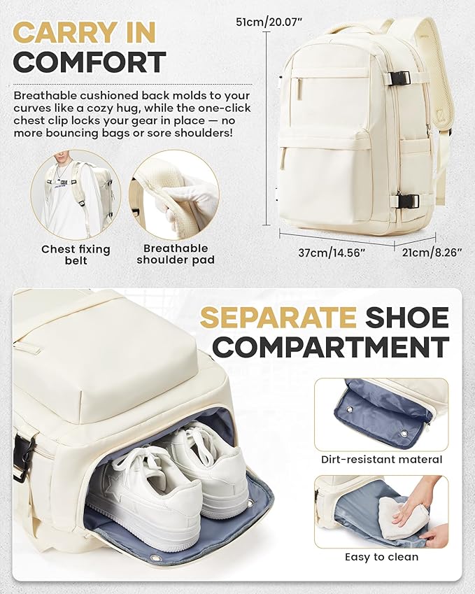 Vacuum Travel Backpack with Pump for Women,Personal Item Carry on Backpacks Flight Approved 18x14x8 inches for Men,Laptop Waterproof Work Compression bags Casual Daypack. Beige.
