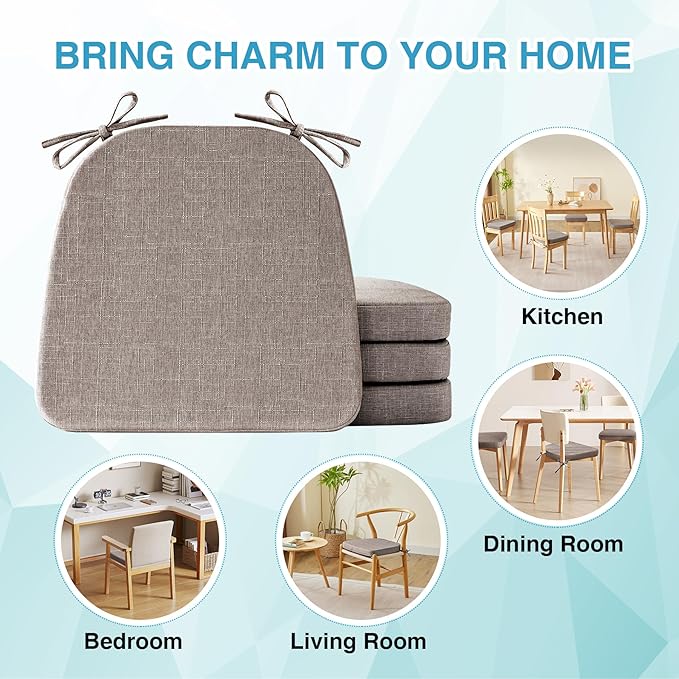 Chair Cushions for Dining Chairs Set of 4, Non Slip Kitchen Chair Pads, 17" x 16" x 2", Indoor Dining Chair Cushions with Ties, D-Shaped Seat Cushions for Kitchen Chairs, Light Brown