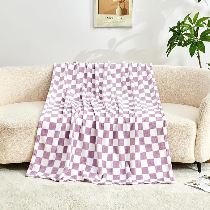 Checkered Blanket Flannel Throw Blankets Soft Cozy Checkered Grid Print Chessboard Gingham Pattern Throws for Bed Sofa Couch for All Seasons, 50x60 Inch, Purple