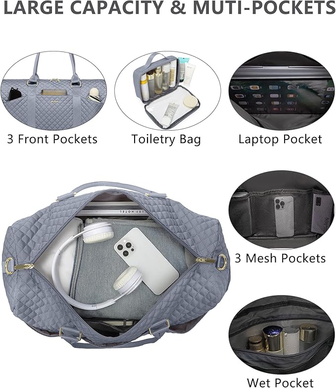 Women Weekender Travel Duffle Bag: Travel Duffel Overnight Bags with Shoe Compartment Large Carry on Tote with Toiletry Bag Weekend Traveling Yoga Gym Hospital Bag for Women with Wet Pocket Grey
