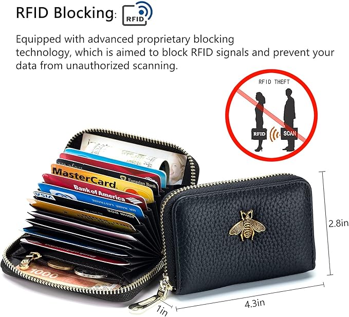 imeetu RFID Credit Card Holder, Small Leather Zipper Card Case Wallet for Women