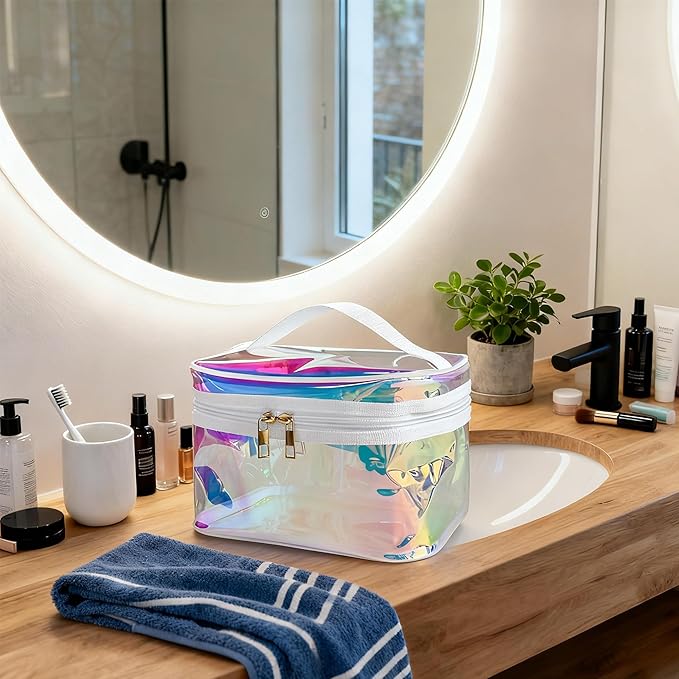 Waterproof Holographic Blue PVC Makeup Bag with Handle - 8.66 * 5.51 * 5.51 inch Travel Cosmetic Organizer for Women Men Toiletry Pouch (Holographic Blue - L)