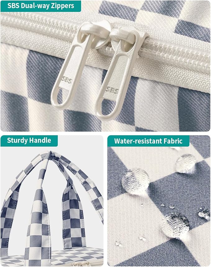 Narwey Checkered Travel Toiletry Bag for Women Large Makeup Bag, Wide-open Cosmetic Make Up Organizer with Handle, Travel Bag for Toiletries, Essentials, Accessories (Greyish Blue Checkerboard)