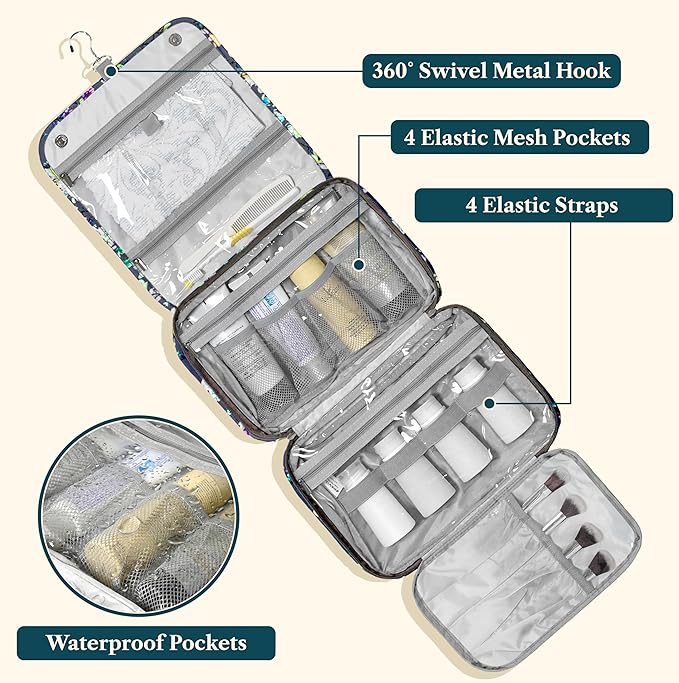 PAVILIA Hanging Toiletry Bag Women Men, Foldable Cosmetic Organizer Travel Bag, Water Resistant Makeup Bag Toiletries, Large Travel Essentials Kit (Grey Floral)