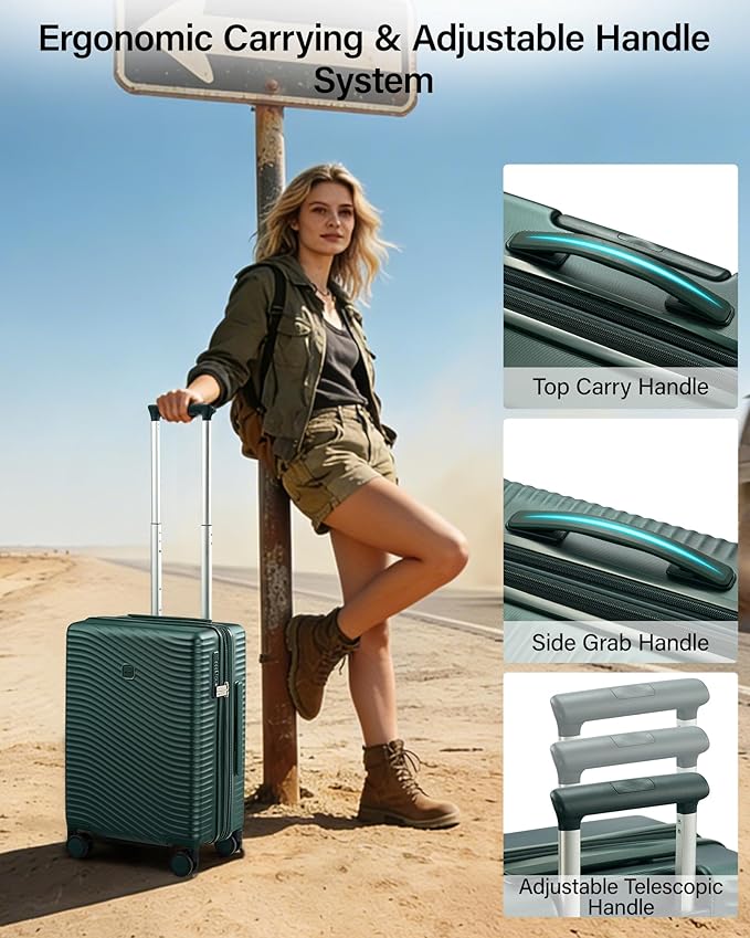 MILADA Expandable Carry On Luggage 20 Inch - Airline Approved Hardshell Suitcase with 8 Spinner Wheels, TSA Lock, Water-Resistant PC Shell, Lightweight & Durable for Travel, Blackish Green