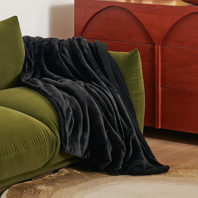 Bedsure GentleSoft Sherpa Fleece Throw Blanket for Couch, Non-Heated, Thick and Warm Throw for Women and Men, Soft Fuzzy Plush Blanket for Winter, Black, 50x60 Inches