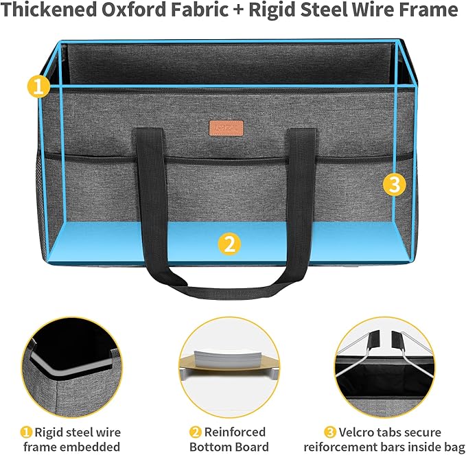 LHZK Stand Up Extra Large Utility Tote Bag with Lid, Utility Tote Bag with Metal Wire Frame and the Sides Rinforced, Reusable Grocery Bags Foldable, Beach Bag, Car Tote (Gray)