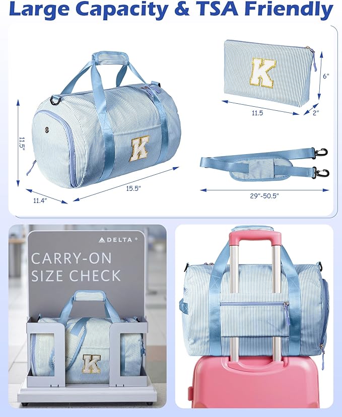 Holiday Gift for Grandkids, Girls Travel Duffle Bag, Kids Initial Overnight Bags with Shoe Compartment, Customized Weekender Bag with Makeup Pouch, Preppy Things for Preteen (Letter E)