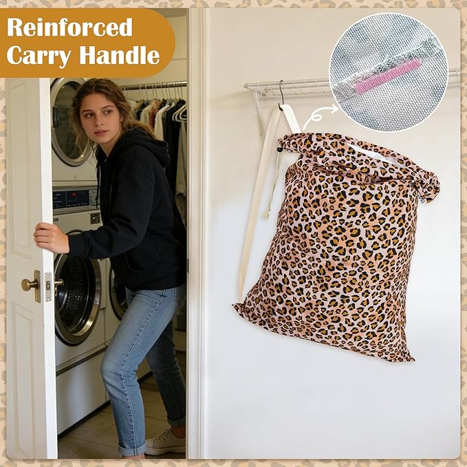 Canvas Laundry Bag with shoulder Strap 24"Wx 29"H, Large Drawstring Dirty Clothes Bag Washable Laundry Sack for College Dorm, Travel, Home, Camp (Leopard)