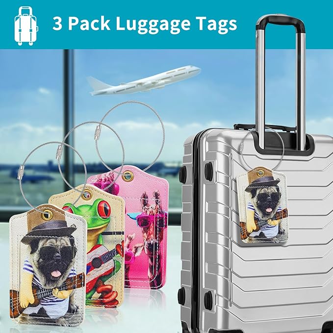 Fishent Luggage Tag (3 Pack) - PU Leather, Rectangular, Cute Animals, Privacy Flap - Travel Tags for Suitcases, Cruise, Backpack, Handbag, School Bag, Baggage Identifier
