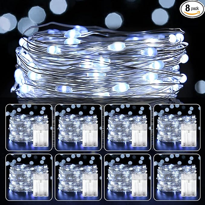 8 Pack LED Fairy Lights Battery Operated 20FT 60 LEDs Silver Wire String Lights Twinkle Lights Starry Fairy Lights for Bedroom Christmas Wedding Party Indoor Outdoor Decorations, Cool White