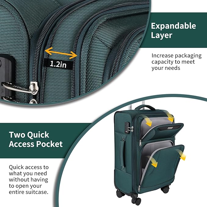 3-Piece Softside Expandable Luggage Set with Front Open Pocket, Lightweight and Durable Oxford Fabric Suitcase Set with TSA Lock (Dark Green, 20in/24in/28in)