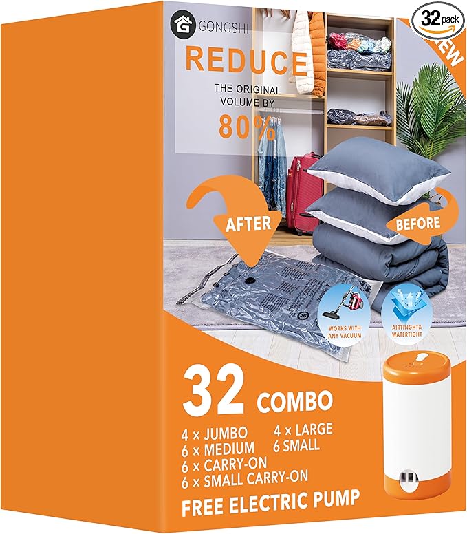 GONGSHI Vacuum Storage Bags, Space Saver Bags for Clothing,Blankets,Comforters, Pillows, Clothes,Travel,32 Combo-EPUMP