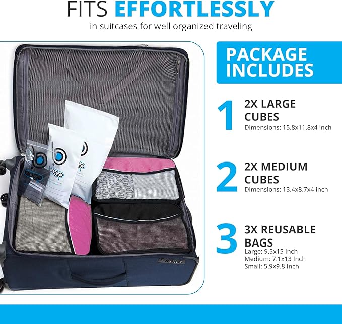 bago 7 Pcs Packing Cubes for Suitcases - 4 Travel Cubes with 3 ZipLock Bags - Luggage Organizer Bags to Get Maximum Storage, Save Time & Effort to Pack - Happy Traveling (Pink)