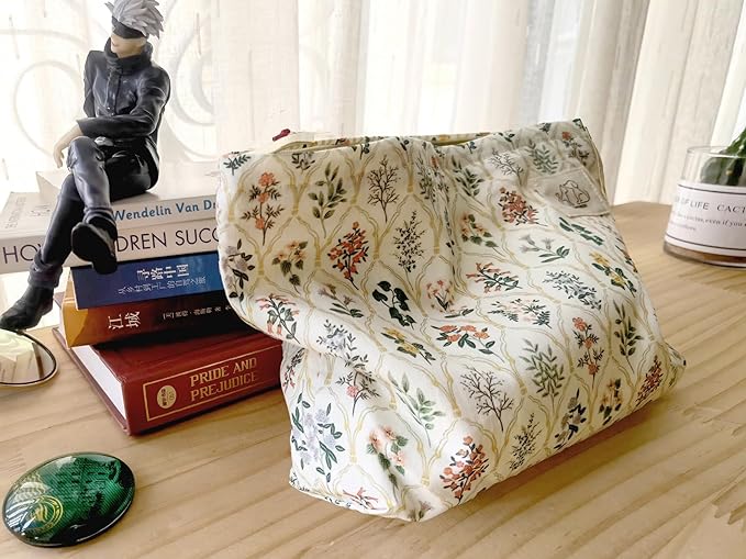 HAPPYHEIDI Large Aesthetic Floral Cotton Makeup Bag with Pocket Cute Cosmetic Travel Pouch, Make Up Organizer, Lightweigt, Zipper Closure