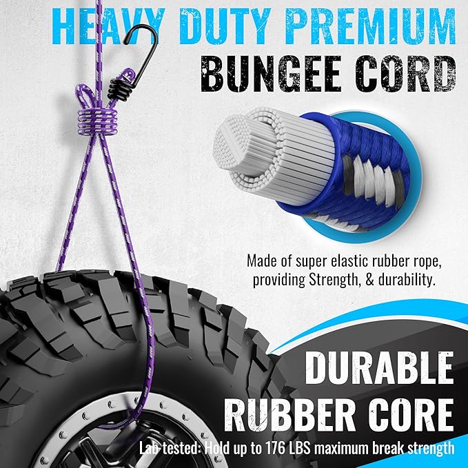 GOEASY0312 Premium Bungee Cords Heavy Duty - 17 Piece Bungee Cords with Hooks in A Storage Jar Includes 10", 18", 24", 30", 36", 48" Bungie Cord & Cargo Net Bundle