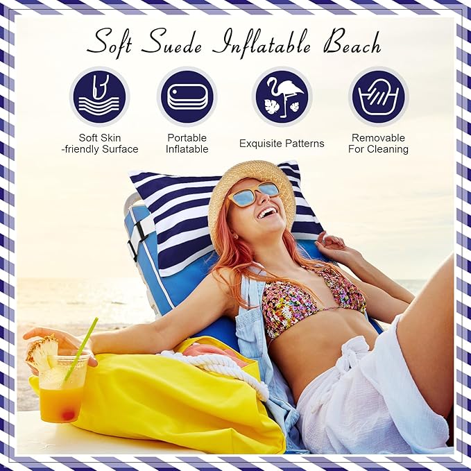 Menkxi 17"x10" Inflatable Beach Pillow with Removable Cover, Beach Chair Backpacking Pillow with Strap Stripe for Summer Sand Pools Travel Vacations(Navy Blue White)