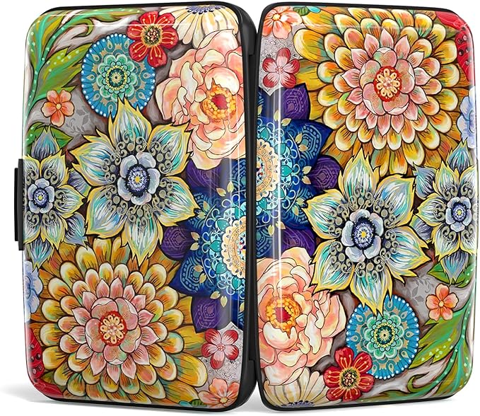 Credit Card Holder, Mini Aluminum Card Wallet RFID Blocking Slim Metal Hard Card Case for Women Men, Mandala Flower