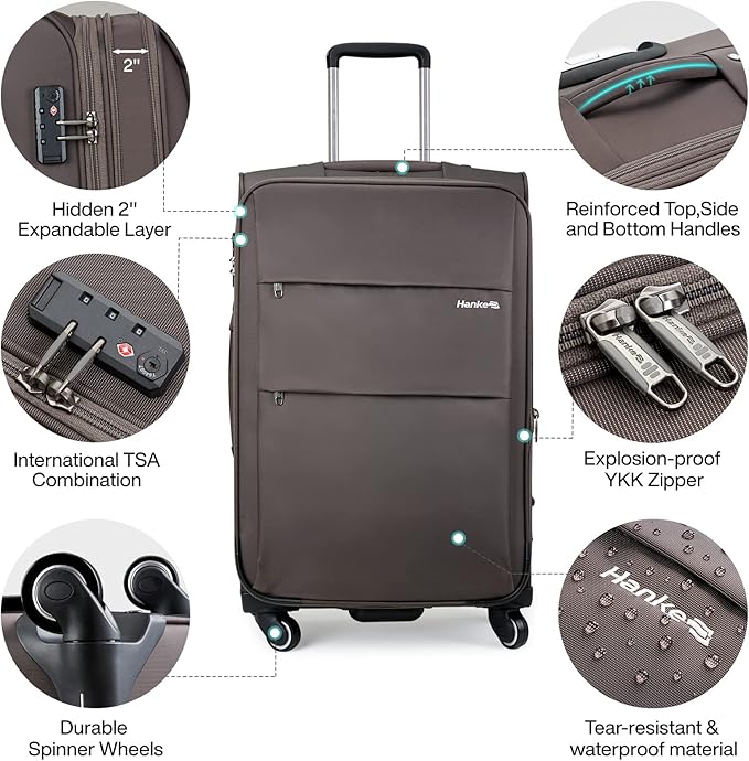 Hanke 28 Inch Luggage with Spinner Wheels Expandable Large Suitcase with Wheels Softside Check in Luggage Rolling Suitcase with Lock Lightweight Travel Luggage for Men and Women.(Coffee)