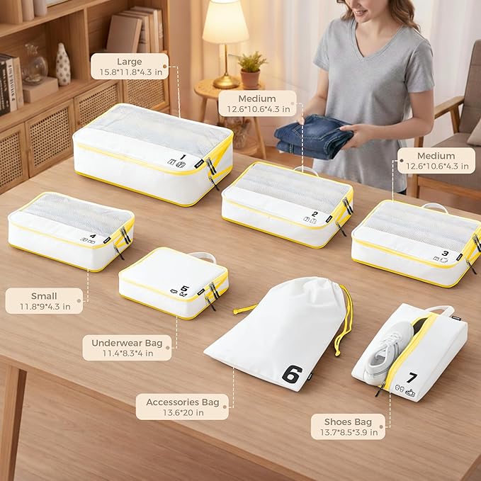 7 Set Compression Packing Cubes Travel Accessories Expandable Packing Organizers (White)