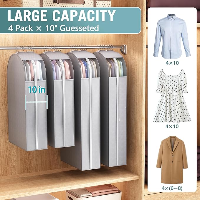 Liuoud 10" Gusseted Garment Bags for Hanging Clothes with Clear Window 50" Suit Bags for Open Closet Storage, Clothing Cover for Coat, Dress, Jacket, Shirt, Fur Wardrobe Protector, 4 Packs