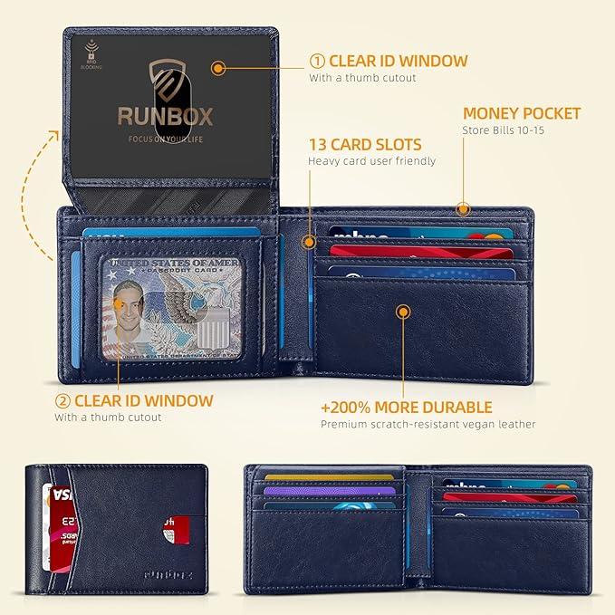 RUNBOX Wallet for Men Slim Rfid Leather 2 ID Window With Gift Box | Slim, Rfid, 2 ID Window, With Gift Box, Slim, Rfid