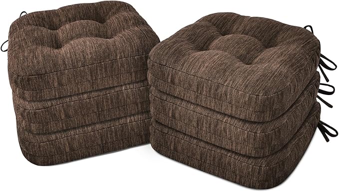 Shinnwa Dining Chair Cushions Set of 6, Dual-Layer Memory Foam Kitchen Chair Cushions, Patented Design Seat Pads with Ties, 16.5 x 16.5 x 3.5in, 6 Pack, Dark Brown