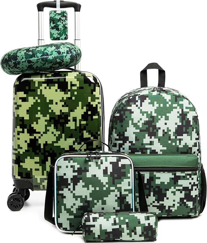 Kid's Luggage Set 5 Piece Suitcase Set 16" Hardside Luggage with Spinner Wheels Girls Carry on Toddler Travel Rolling Suitcase with Neck Pillow Airline Approved