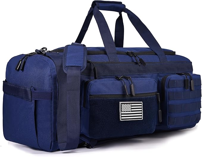 LHI 50L Tactical Duffle Bag for Men, 3-in-1 Gym Duffle and Backpack, Shoe Compartment, Laptop Sleeve and MOLLE, Carry-On Travel Weekender and Overnight Bag – Blue