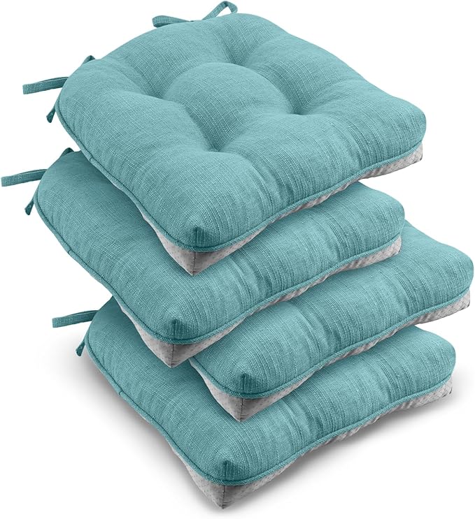 downluxe Indoor Chair Cushions for Dining Chairs, Tufted Overstuffed Textured Kitchen Chair Pads with Ties and Non-Slip Backing, 15.5" x 15.5" x 4", Aqua Blue, 4 Pack