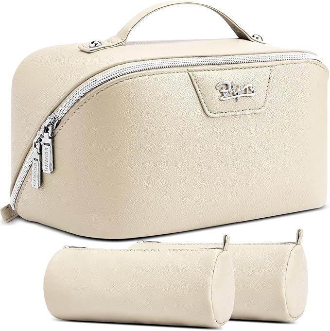 BOYATU Travel Makeup Bag Cosmetic Bags for Women: Large Capacity 3 Pcs Set Make up Bag with Compartments - Waterproof Vegan Leather Toiletry Organizer Bags with Handle (L27Off-white)