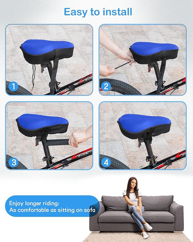 Bike Seat Cushion, Gel Bike Seat Cover, Bicycle Seat Cushion Covers for Women Men Comfort Compatible, Suitable for Outdoor and Indoor (11x10 inch)-Blue