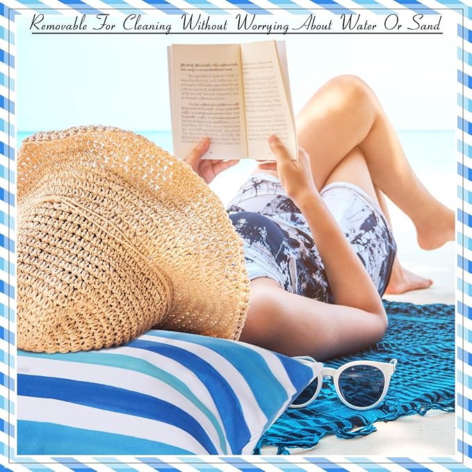 Menkxi 24"x15" Inflatable Beach Pillow with Removable Cover, Beach Chair Backpacking Pillow with Strap Stripe for Summer Sand Pools Travel Vacations(Blue White)