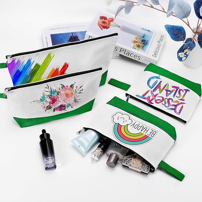 10 Pieces Cotton Canvas Makeup Bag with Bottom and Strap, Multi-Purpose Cosmetic Bag with Zipper Travel Toiletry Pouch, Blank DIY Craft Bag (White&Green, XS)